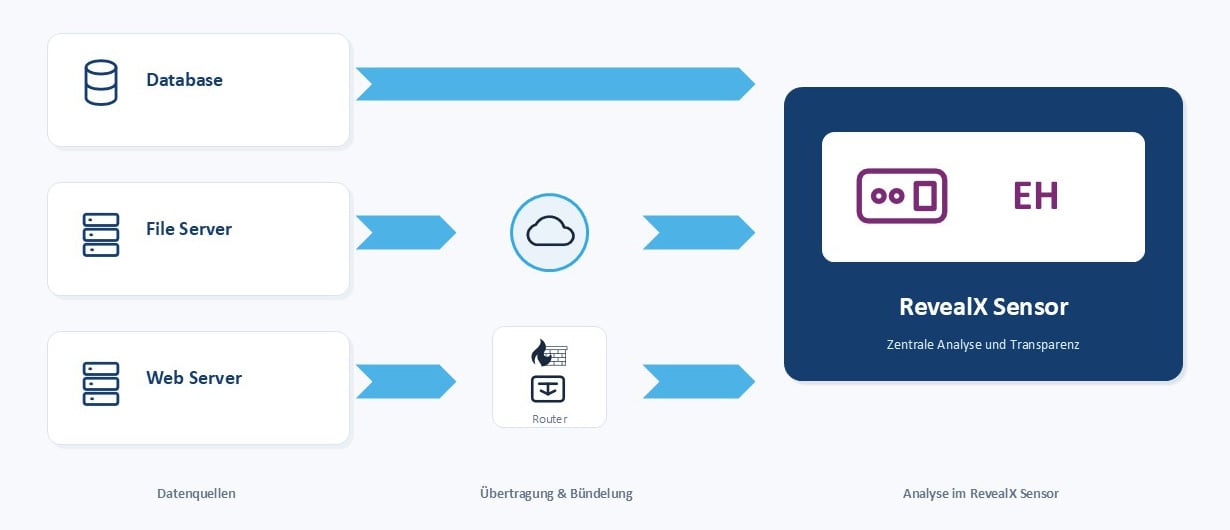 Datenbereitstellung aus Servern, Datenbanken und Netzwerkkomponenten an einen RevealX Sensor. Datenbereitstellung aus Servern, Datenbanken und Netzwerkkomponenten an einen RevealX Sensor.